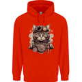 Steampunk Cat Mens 80% Cotton Hoodie Bright Red