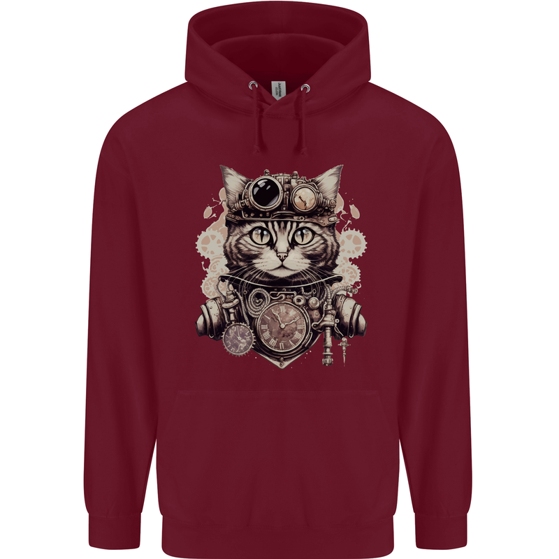 Steampunk Cat Mens 80% Cotton Hoodie Maroon