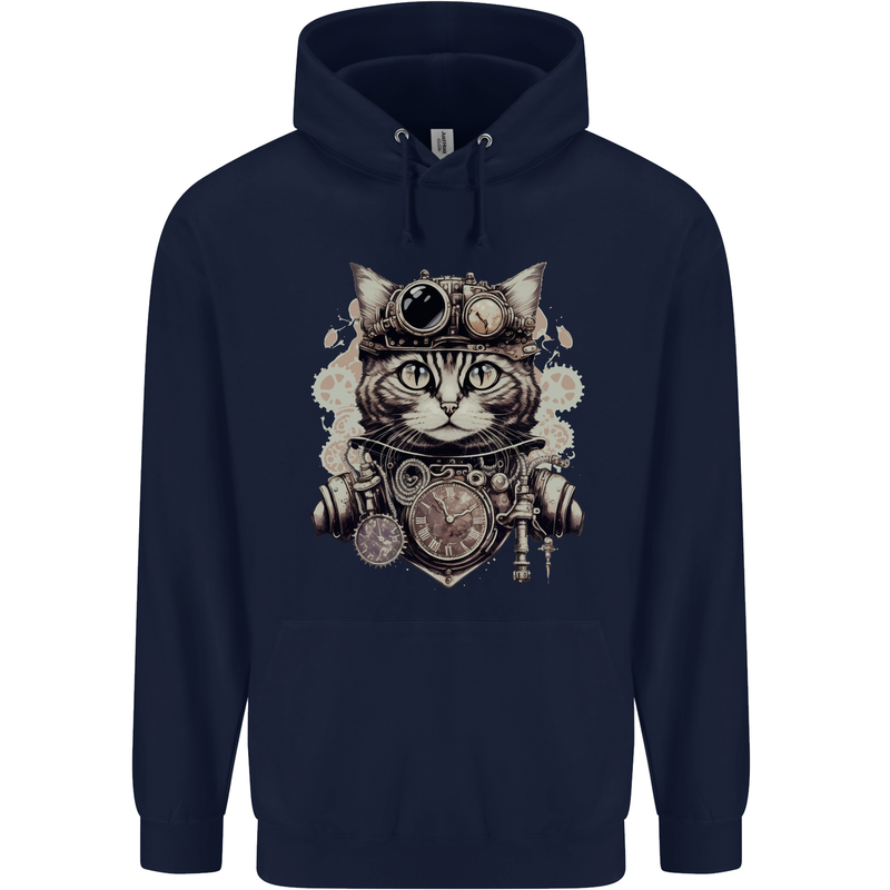 Steampunk Cat Mens 80% Cotton Hoodie Navy Blue