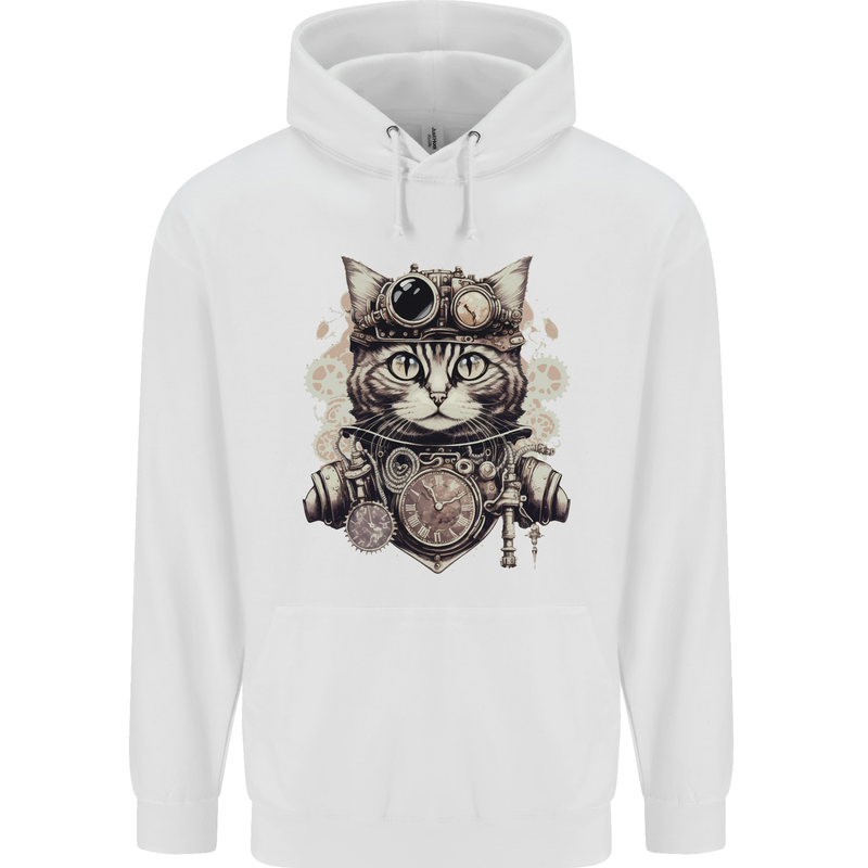 Steampunk Cat Mens 80% Cotton Hoodie White