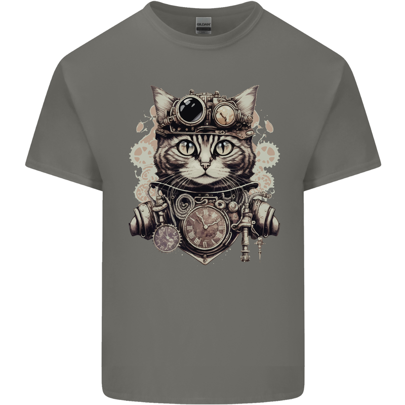 Steampunk Cat Mens Cotton T-Shirt Tee Top Charcoal