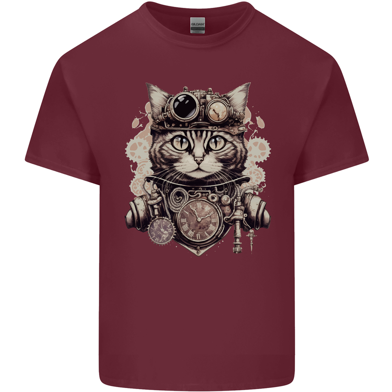 Steampunk Cat Mens Cotton T-Shirt Tee Top Maroon