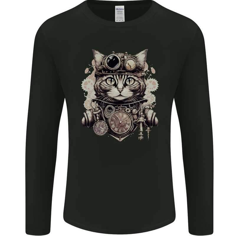 Steampunk Cat Mens Long Sleeve T-Shirt Black