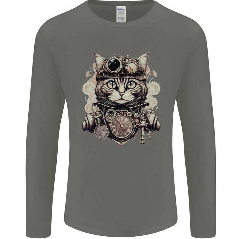 Steampunk Cat Mens Long Sleeve T-Shirt Charcoal