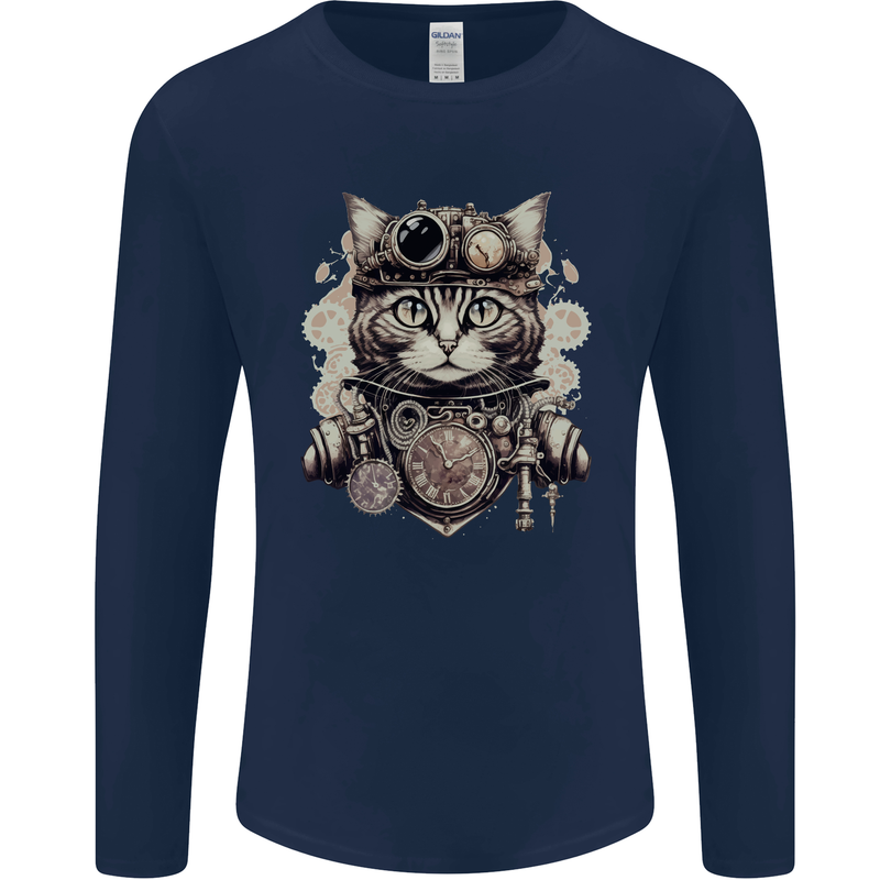 Steampunk Cat Mens Long Sleeve T-Shirt Navy Blue