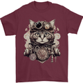 Steampunk Cat Mens T-Shirt 100% Cotton Maroon