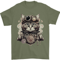 Steampunk Cat Mens T-Shirt 100% Cotton Military Green