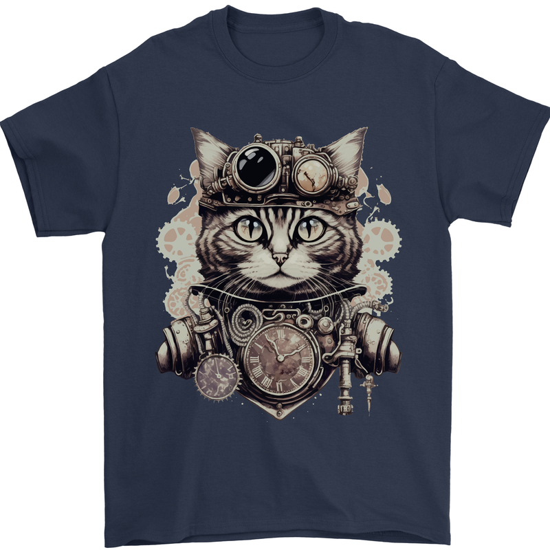 Steampunk Cat Mens T-Shirt 100% Cotton Navy Blue