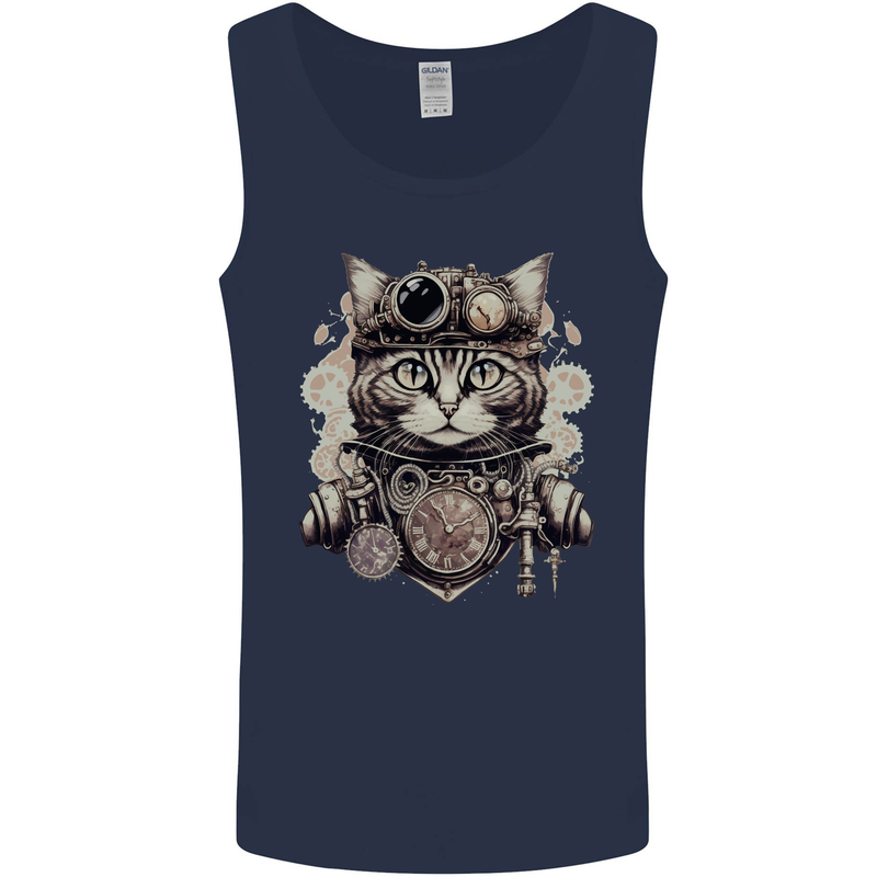 Steampunk Cat Mens Vest Tank Top Navy Blue