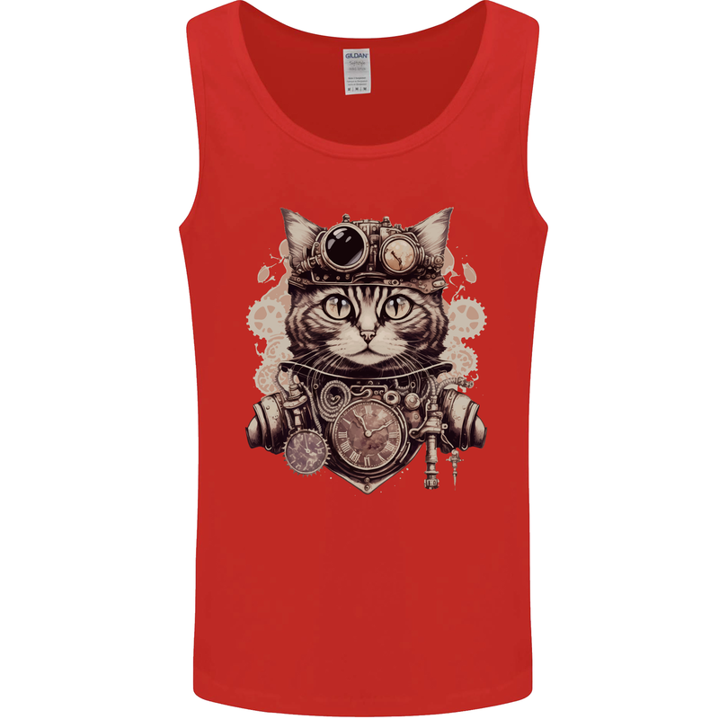 Steampunk Cat Mens Vest Tank Top Red