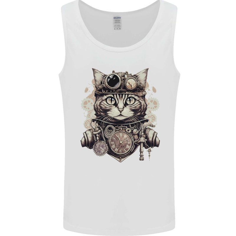 Steampunk Cat Mens Vest Tank Top White