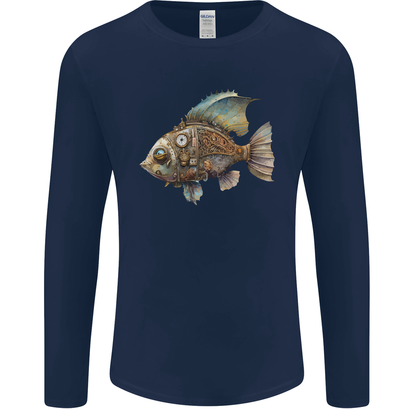 Steampunk Fish 1 Mens Long Sleeve T-Shirt Navy Blue