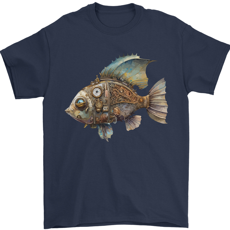 Steampunk Fish 1 Mens T-Shirt 100% Cotton Navy Blue