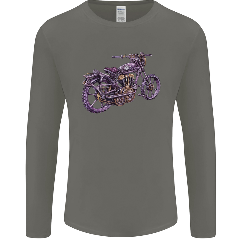Steampunk Motorbike Motorcycle Biker Mens Long Sleeve T-Shirt Charcoal