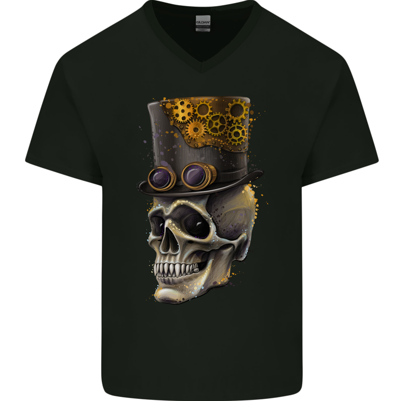 Steampunk Skull Mens V-Neck Cotton T-Shirt Black
