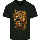 Steampunk Skull Mens V-Neck Cotton T-Shirt Black