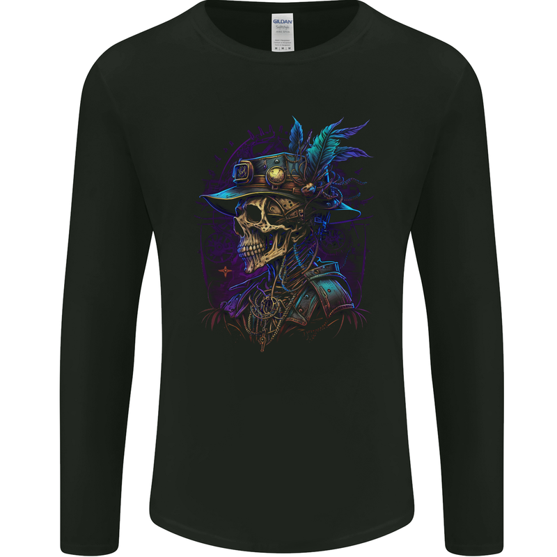 Steampunk Skull Pirate Mens Long Sleeve T-Shirt Black