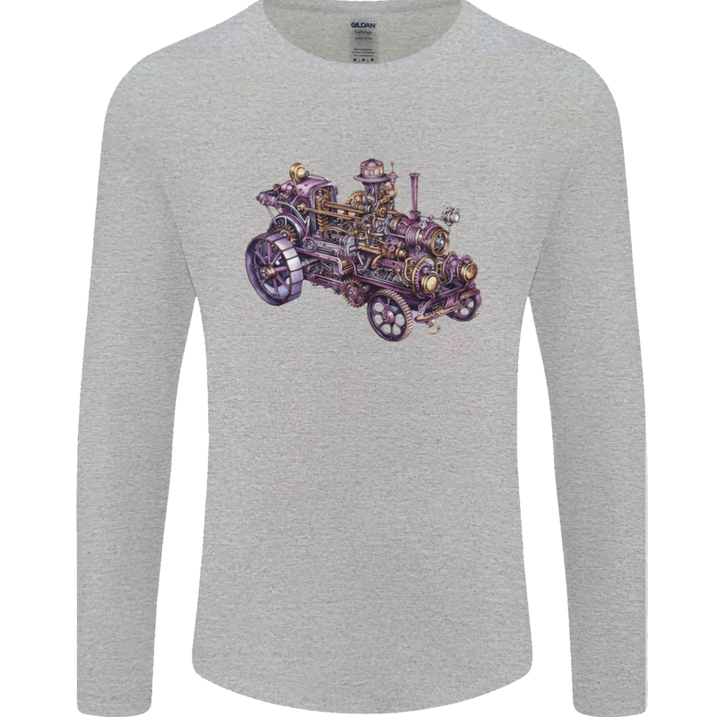 Steampunk Steam Engine Mens Long Sleeve T-Shirt Sports Grey