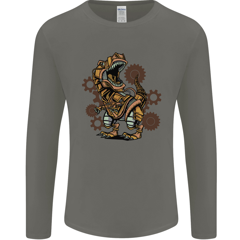 Steampunk T-Rex Dinosaur Mens Long Sleeve T-Shirt Charcoal