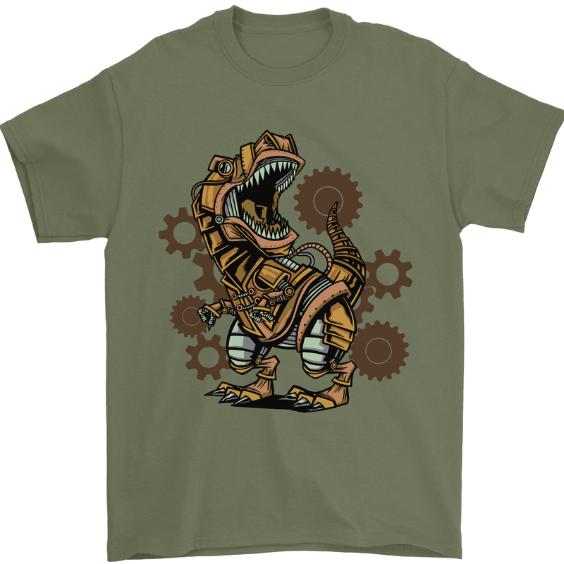 Steampunk T-Rex Dinosaur Mens T-Shirt 100% Cotton Military Green