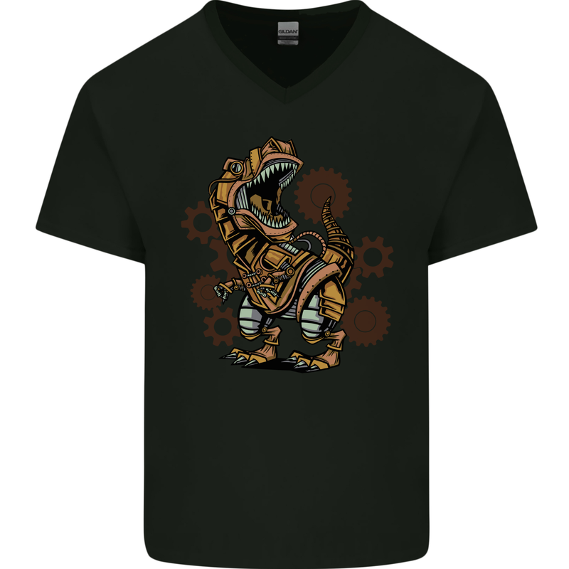 Steampunk T-Rex Dinosaur Mens V-Neck Cotton T-Shirt Black