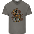 Steampunk T-Rex Dinosaur Mens V-Neck Cotton T-Shirt Charcoal