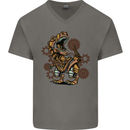 Steampunk T-Rex Dinosaur Mens V-Neck Cotton T-Shirt Charcoal