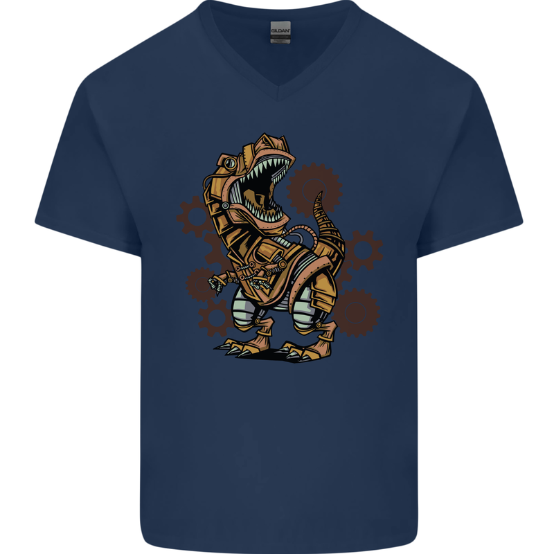 Steampunk T-Rex Dinosaur Mens V-Neck Cotton T-Shirt Navy Blue