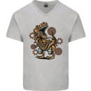 Steampunk T-Rex Dinosaur Mens V-Neck Cotton T-Shirt Sports Grey