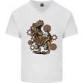 Steampunk T-Rex Dinosaur Mens V-Neck Cotton T-Shirt White