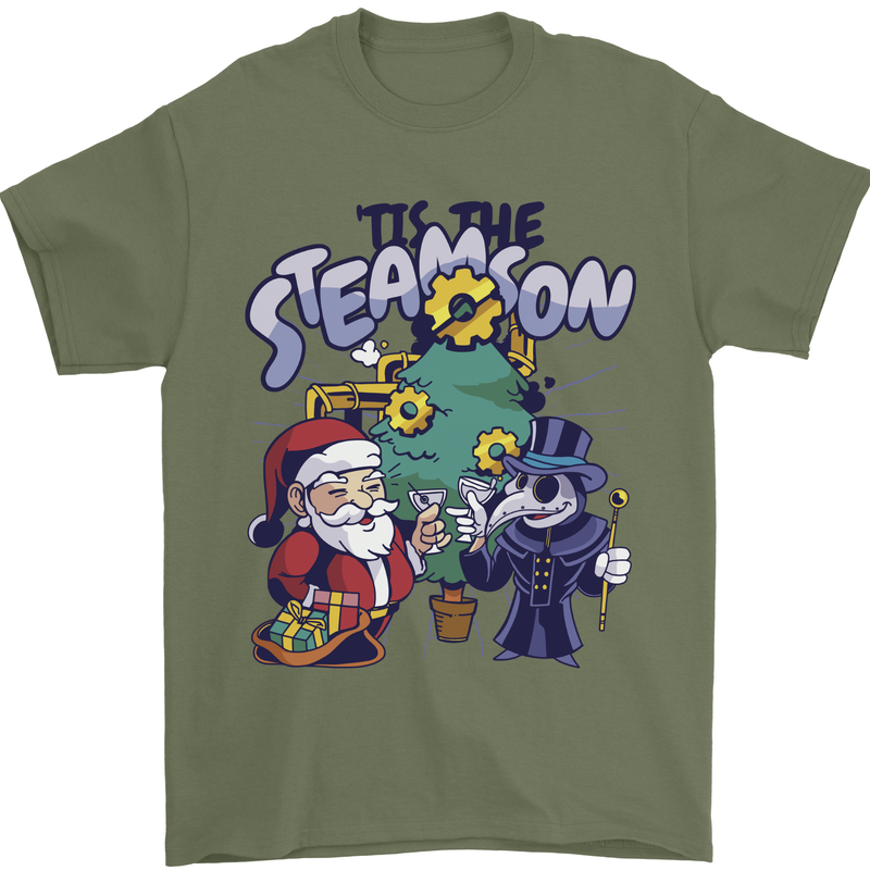 Steamson Steampunk Christmas Santa Claus Mens T-Shirt 100% Cotton Military Green