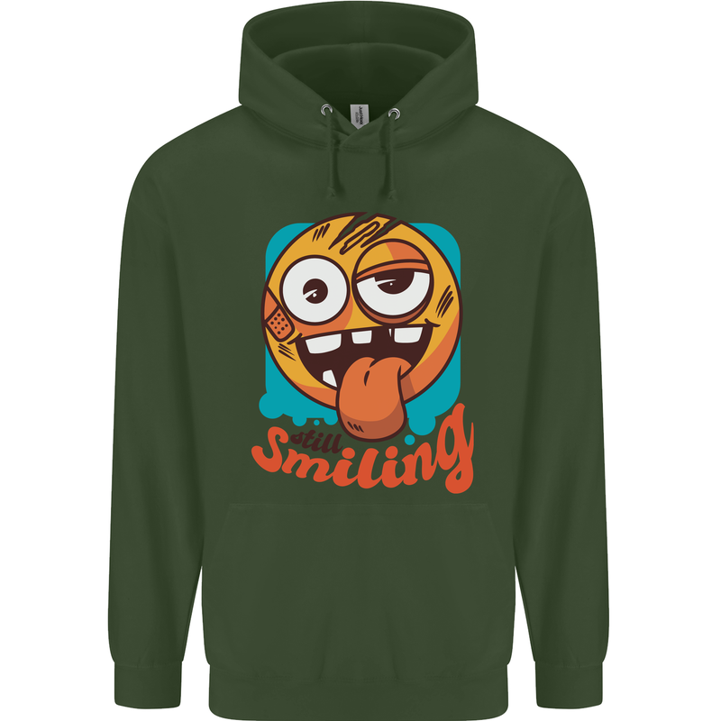Still Smiling Funny Emoji Exhausted Tired Childrens Kids Hoodie Forest Green