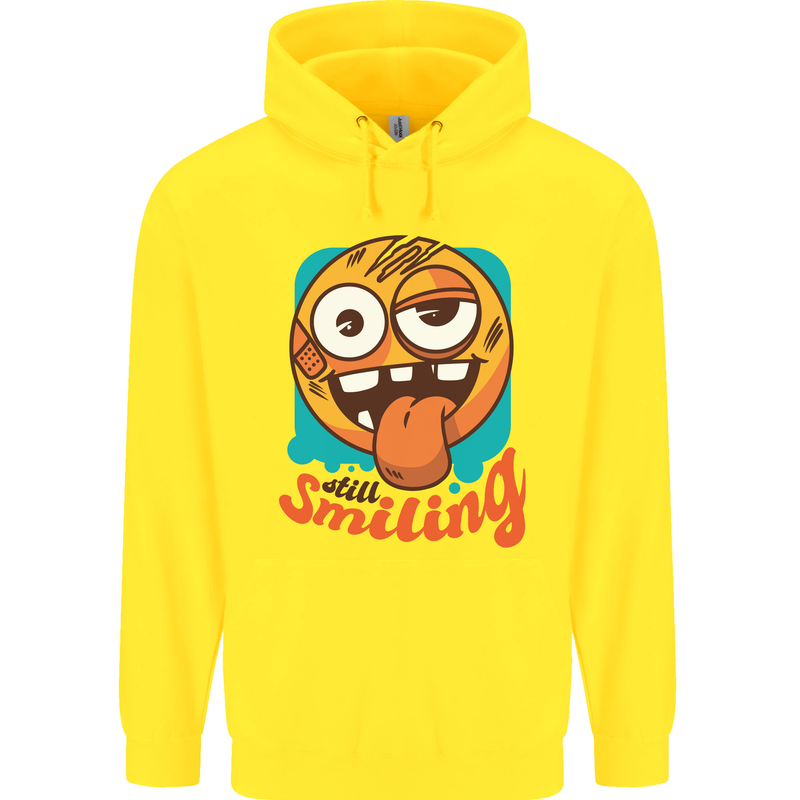 Still Smiling Funny Emoji Exhausted Tired Childrens Kids Hoodie Yellow