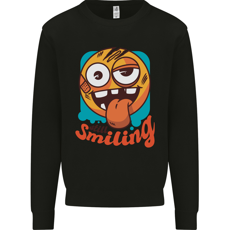 Still Smiling Funny Emoji Exhausted Tired Kids Sweatshirt Jumper Black