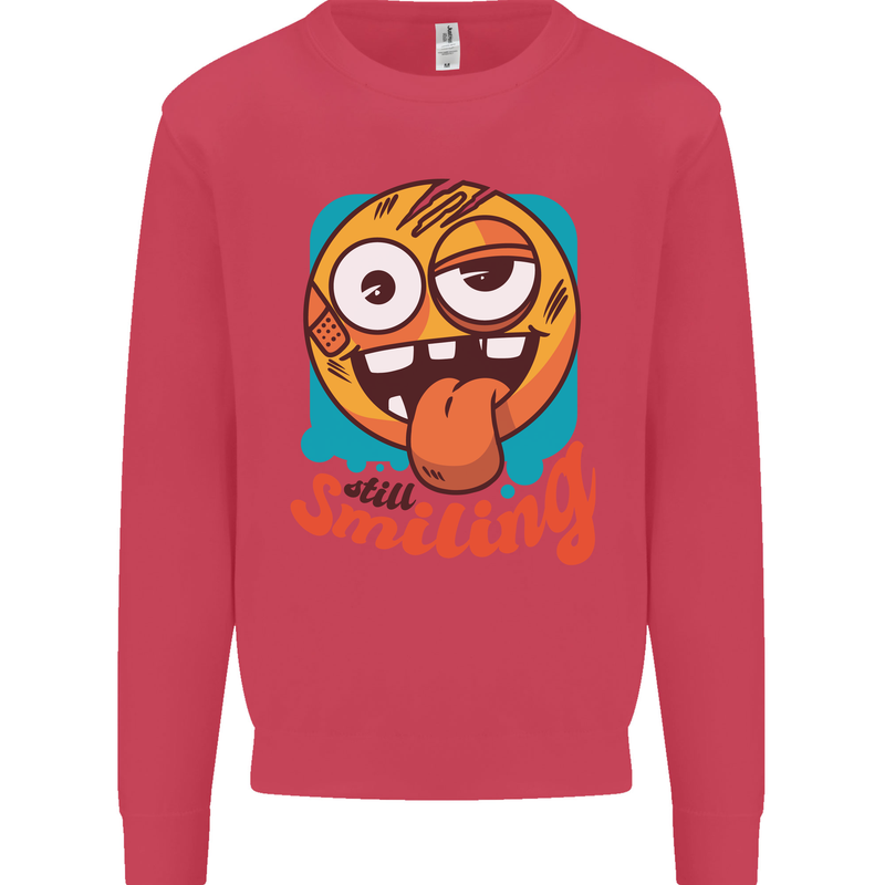 Still Smiling Funny Emoji Exhausted Tired Kids Sweatshirt Jumper Heliconia