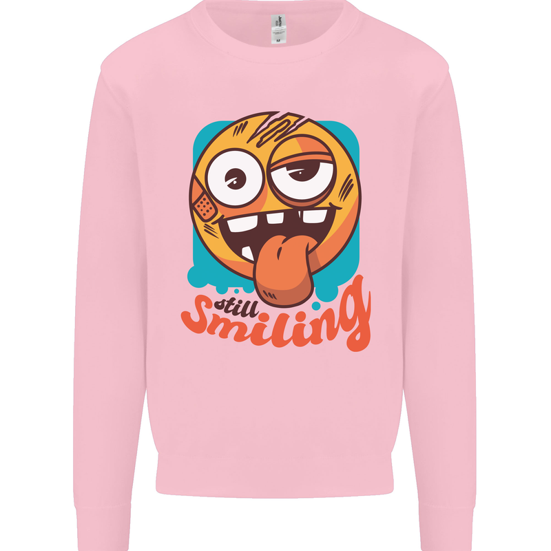 Still Smiling Funny Emoji Exhausted Tired Kids Sweatshirt Jumper Light Pink