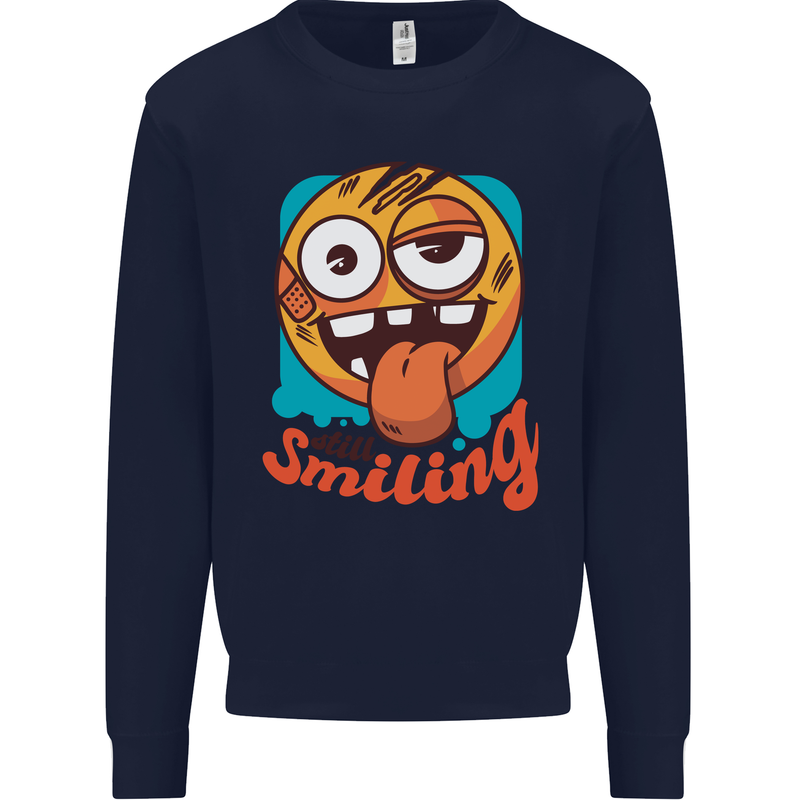 Still Smiling Funny Emoji Exhausted Tired Kids Sweatshirt Jumper Navy Blue