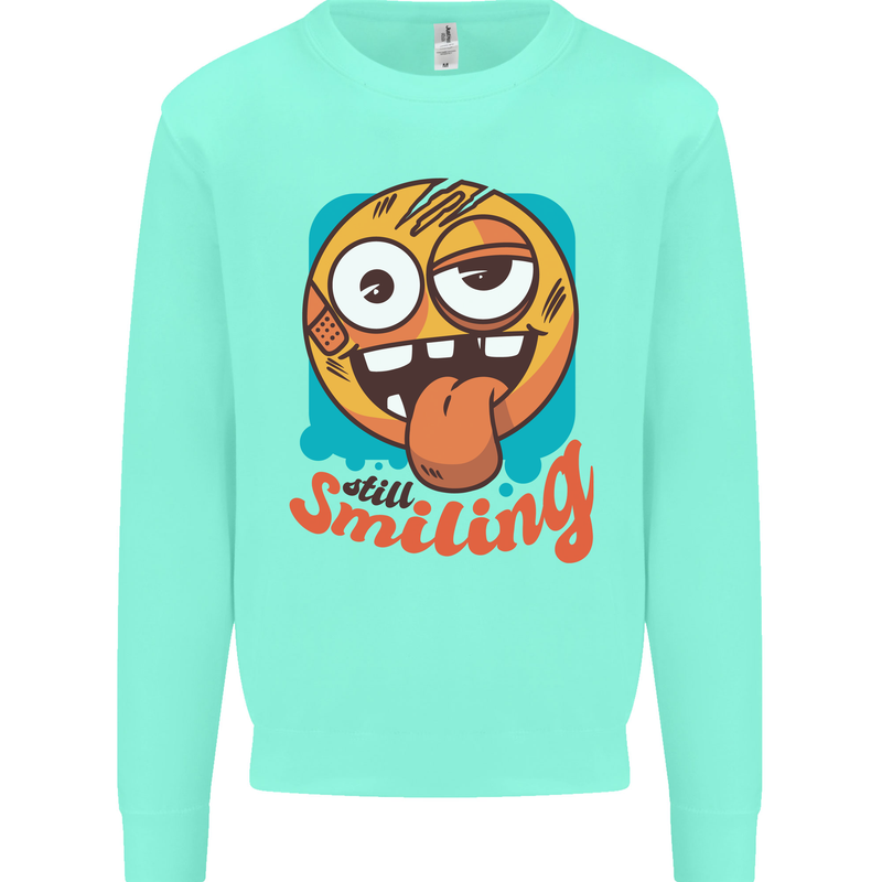 Still Smiling Funny Emoji Exhausted Tired Kids Sweatshirt Jumper Peppermint