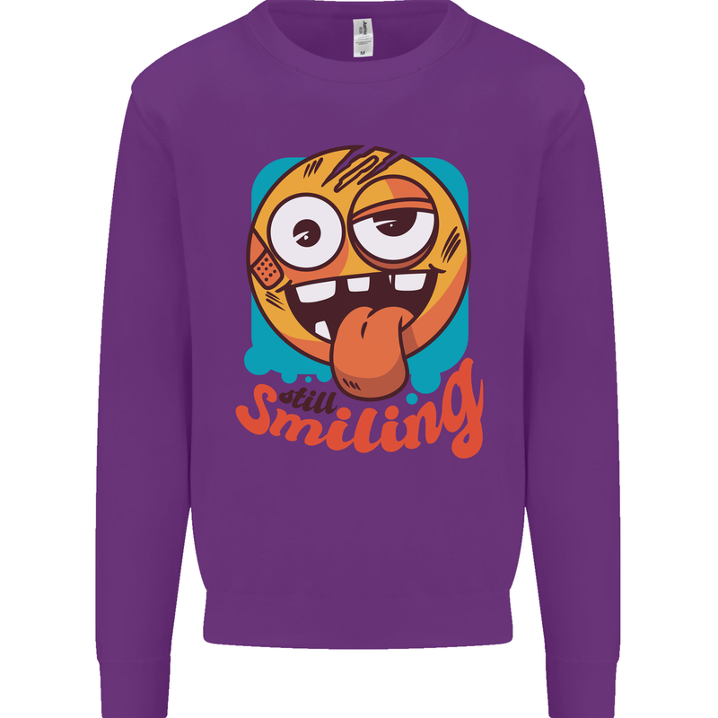 Still Smiling Funny Emoji Exhausted Tired Kids Sweatshirt Jumper Purple