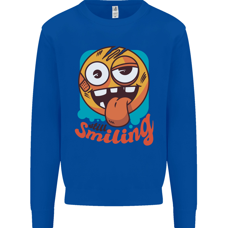 Still Smiling Funny Emoji Exhausted Tired Kids Sweatshirt Jumper Royal Blue