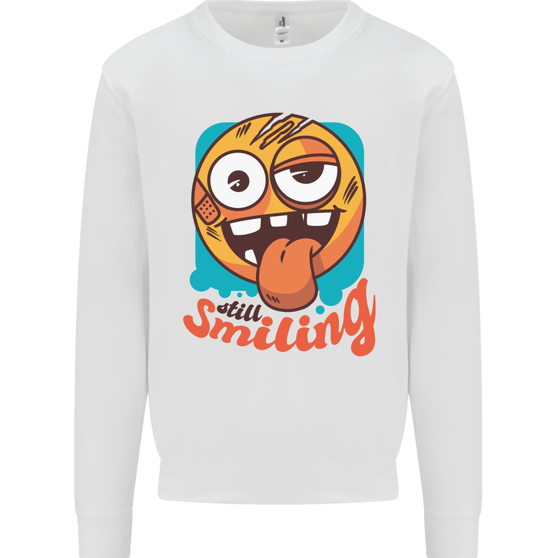 Still Smiling Funny Emoji Exhausted Tired Kids Sweatshirt Jumper White