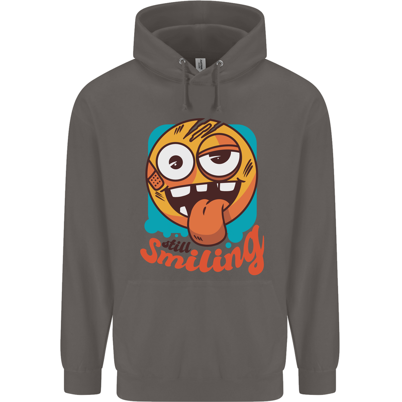 Still Smiling Funny Emoji Exhausted Tired Mens 80% Cotton Hoodie Charcoal