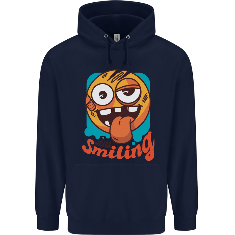 Still Smiling Funny Emoji Exhausted Tired Mens 80% Cotton Hoodie Navy Blue