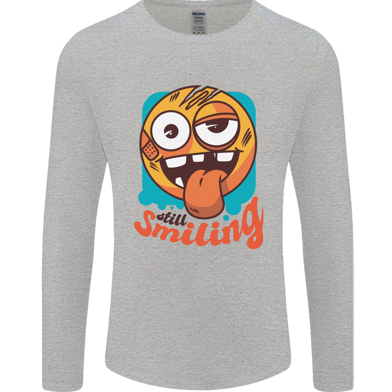 Still Smiling Funny Emoji Exhausted Tired Mens Long Sleeve T-Shirt Sports Grey