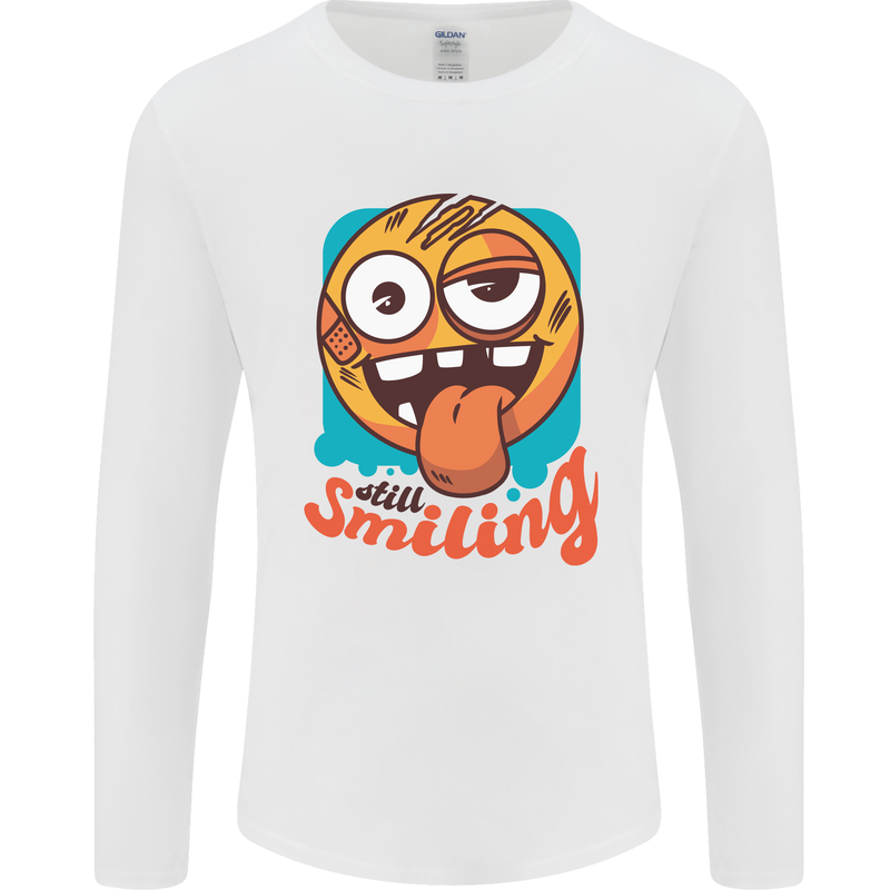 Still Smiling Funny Emoji Exhausted Tired Mens Long Sleeve T-Shirt White
