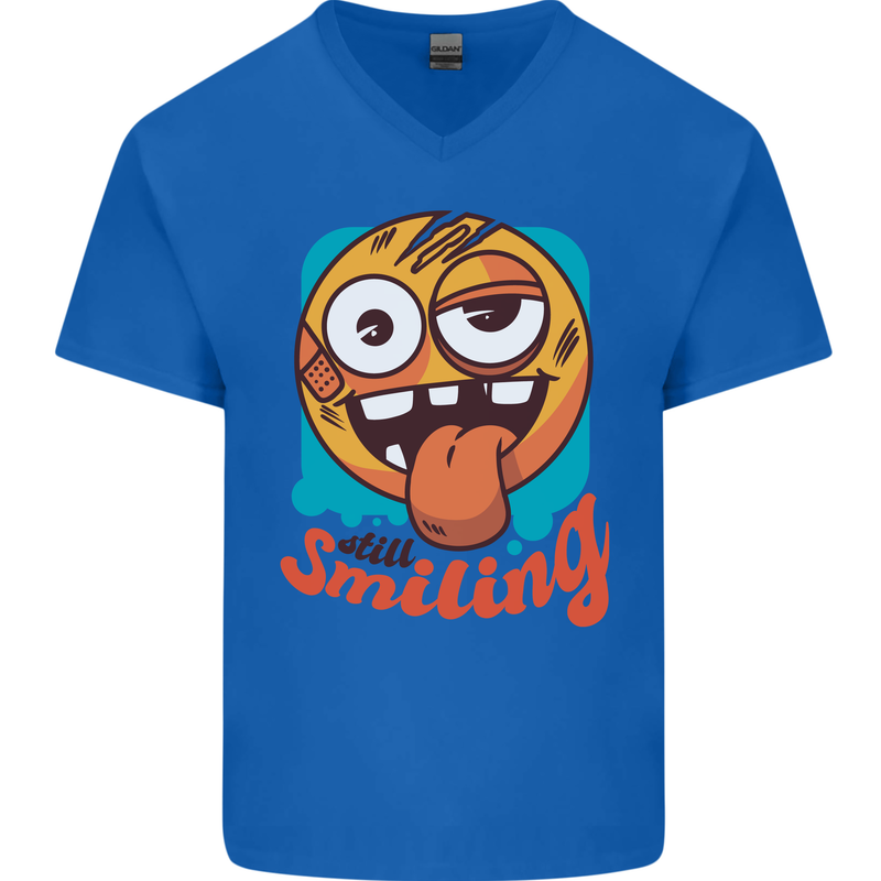 Still Smiling Funny Emoji Exhausted Tired Mens V-Neck Cotton T-Shirt Royal Blue