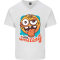 Still Smiling Funny Emoji Exhausted Tired Mens V-Neck Cotton T-Shirt White