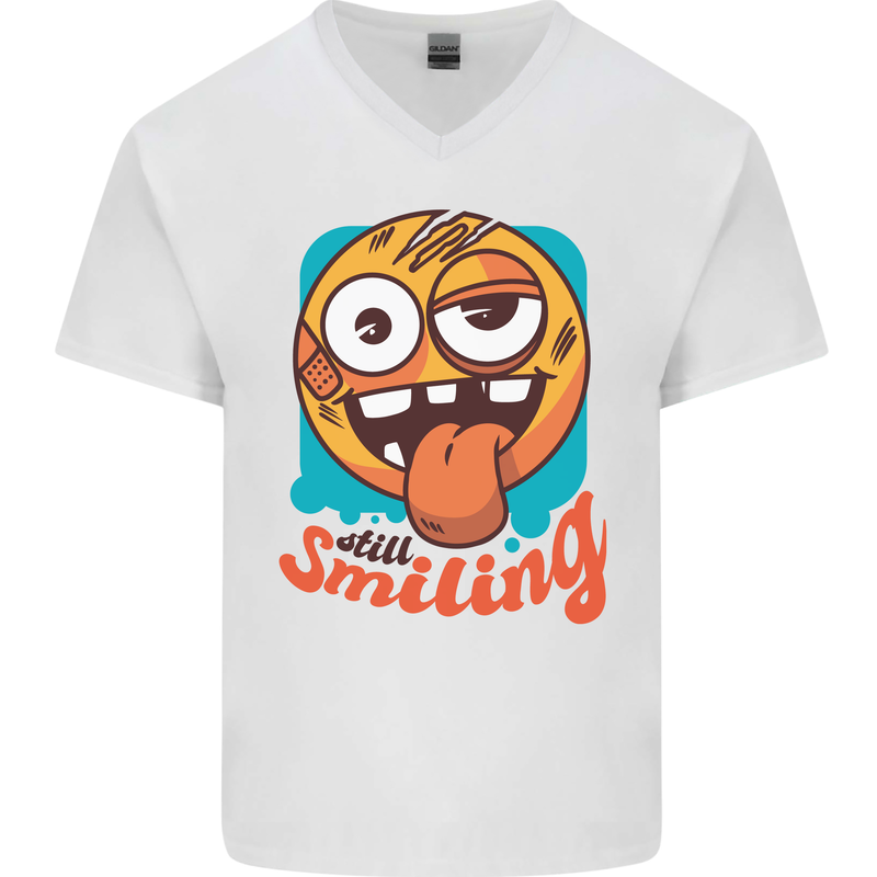 Still Smiling Funny Emoji Exhausted Tired Mens V-Neck Cotton T-Shirt White