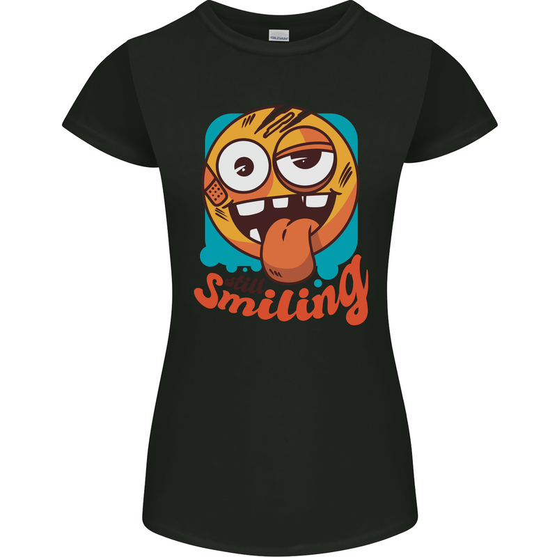 Still Smiling Funny Emoji Exhausted Tired Womens Petite Cut T-Shirt Black
