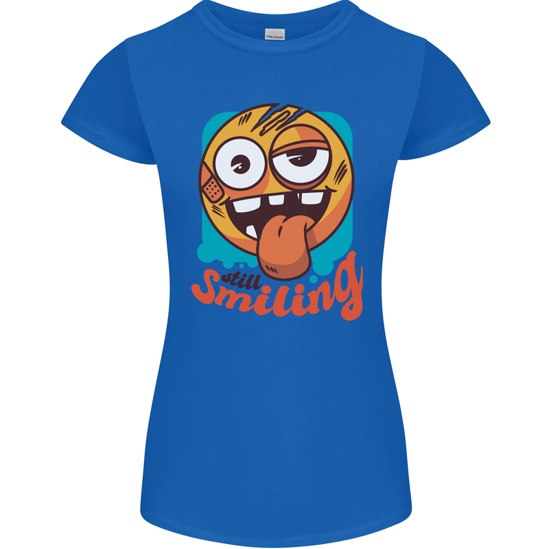 Still Smiling Funny Emoji Exhausted Tired Womens Petite Cut T-Shirt Royal Blue